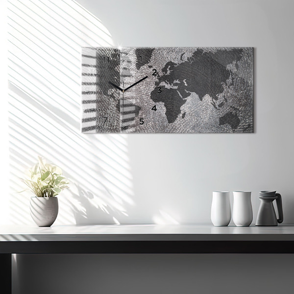 Horizontální skleněné hodiny na stěnu Betonová mapa světa