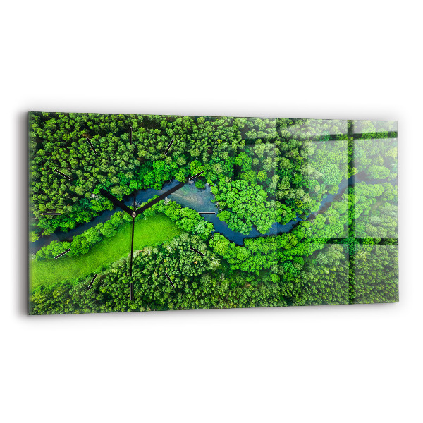 Horizontální skleněné hodiny na stěnu Řeka v lese