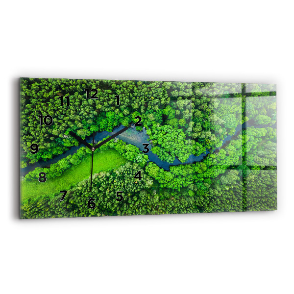 Horizontální skleněné hodiny na stěnu Řeka v lese