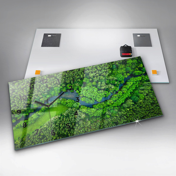 Horizontální skleněné hodiny na stěnu Řeka v lese