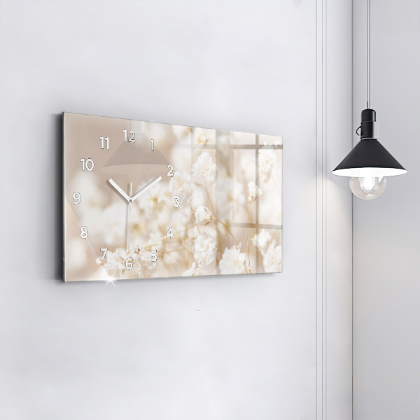 Horizontální skleněné hodiny na stěnu Malé bílé květy