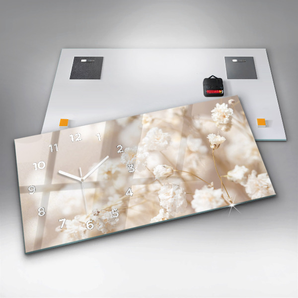 Horizontální skleněné hodiny na stěnu Malé bílé květy