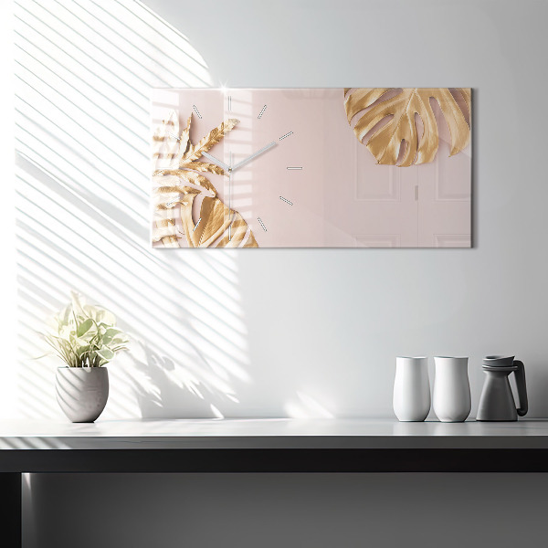 Horizontální skleněné hodiny na stěnu Zlaté tropické listy