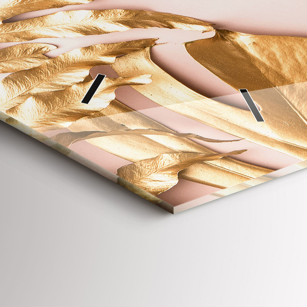 Horizontální skleněné hodiny na stěnu Zlaté tropické listy