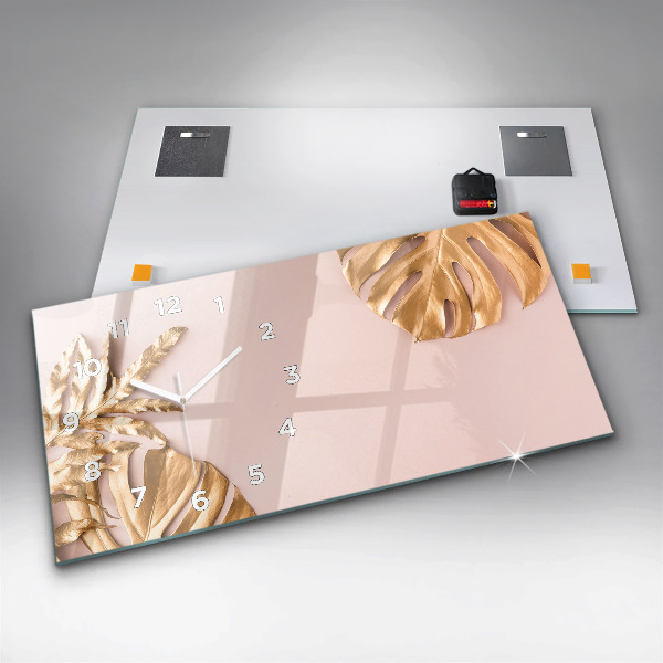 Horizontální skleněné hodiny na stěnu Zlaté tropické listy