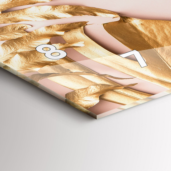 Horizontální skleněné hodiny na stěnu Zlaté tropické listy