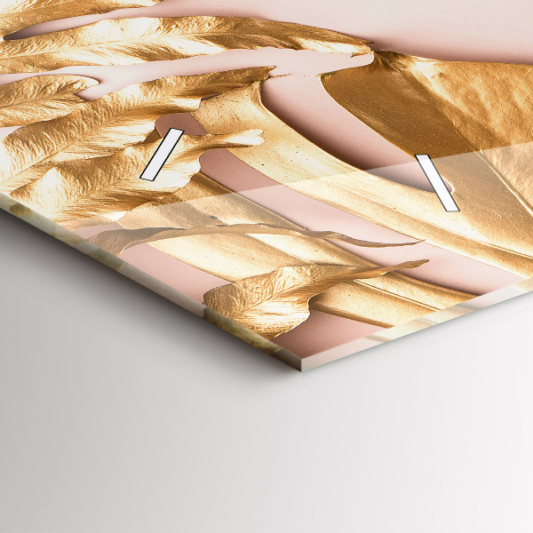 Horizontální skleněné hodiny na stěnu Zlaté tropické listy