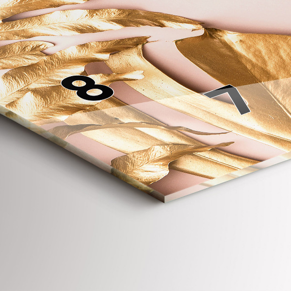 Horizontální skleněné hodiny na stěnu Zlaté tropické listy