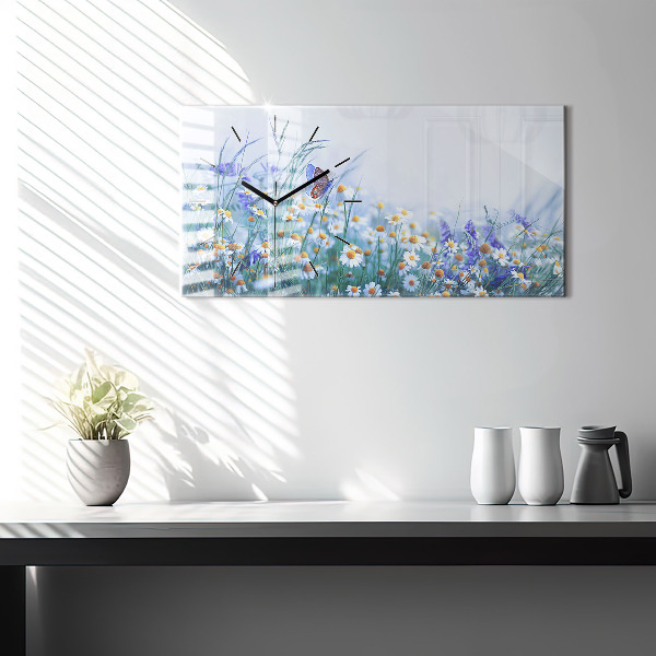Horizontální skleněné hodiny na stěnu Motýl na louce