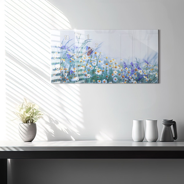 Horizontální skleněné hodiny na stěnu Motýl na louce