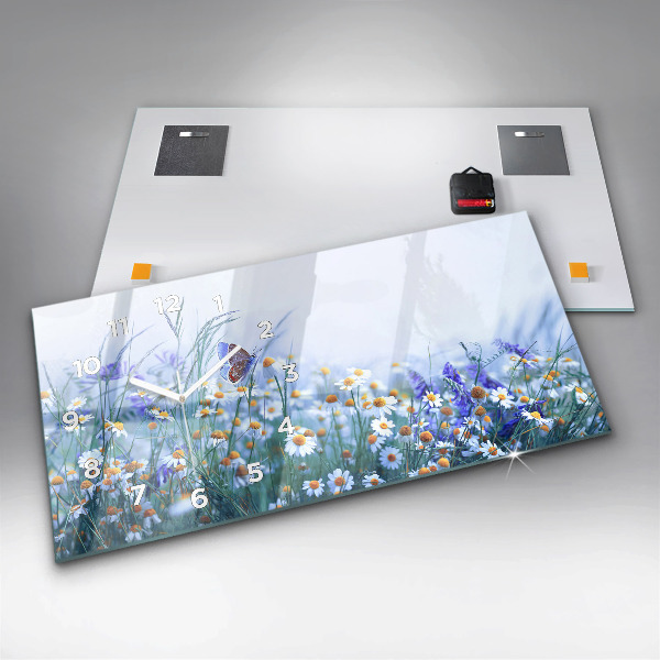 Horizontální skleněné hodiny na stěnu Motýl na louce