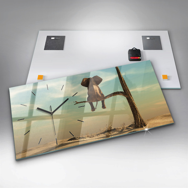 Horizontální skleněné hodiny na stěnu Slon na stromě