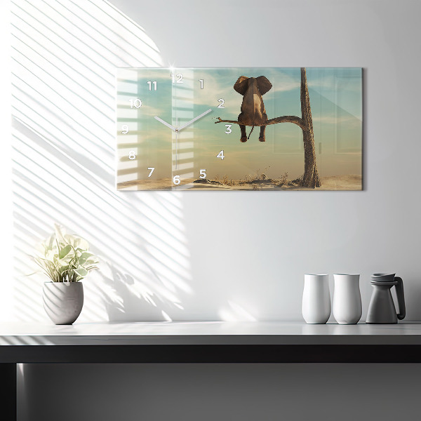 Horizontální skleněné hodiny na stěnu Slon na stromě
