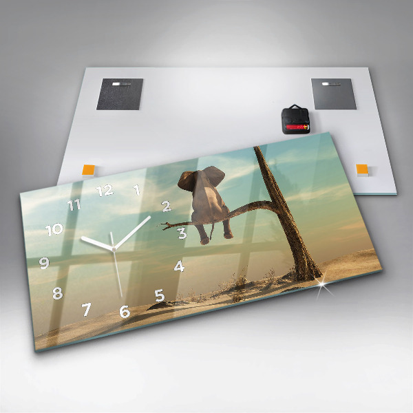 Horizontální skleněné hodiny na stěnu Slon na stromě