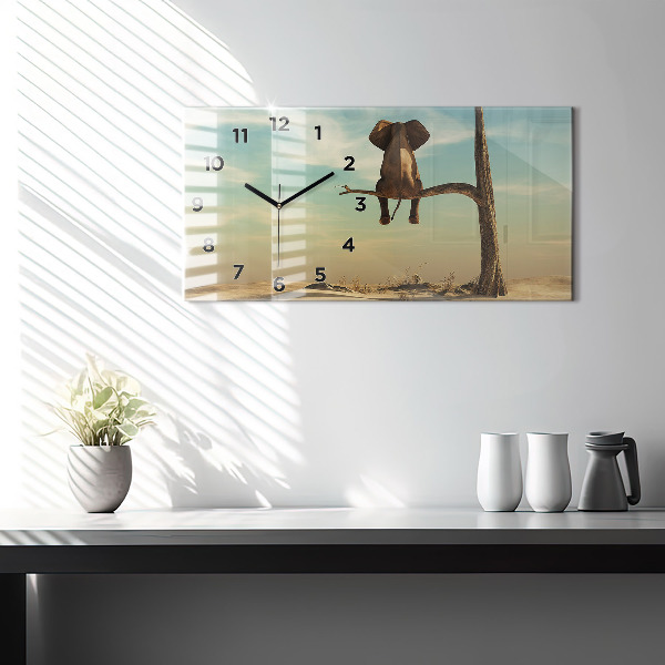Horizontální skleněné hodiny na stěnu Slon na stromě