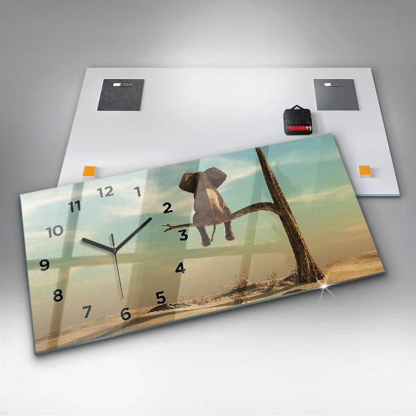 Horizontální skleněné hodiny na stěnu Slon na stromě