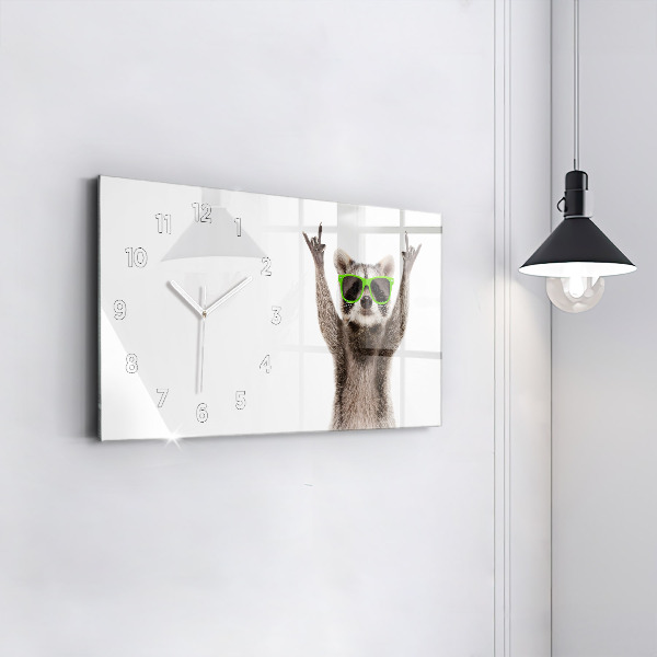 Horizontální skleněné hodiny na stěnu Mýval s brýlemi