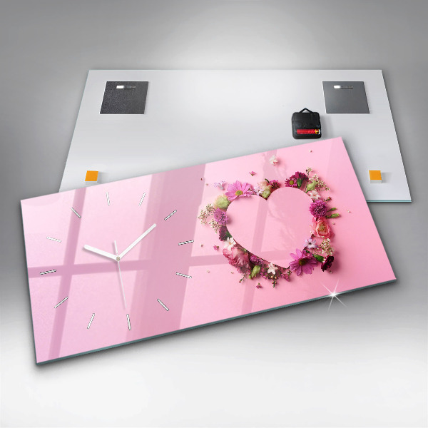 Horizontální skleněné hodiny na stěnu Srdce z květin