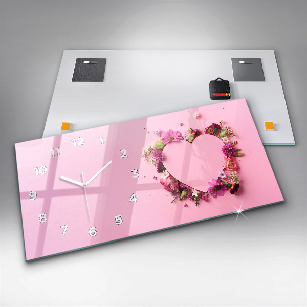 Horizontální skleněné hodiny na stěnu Srdce z květin