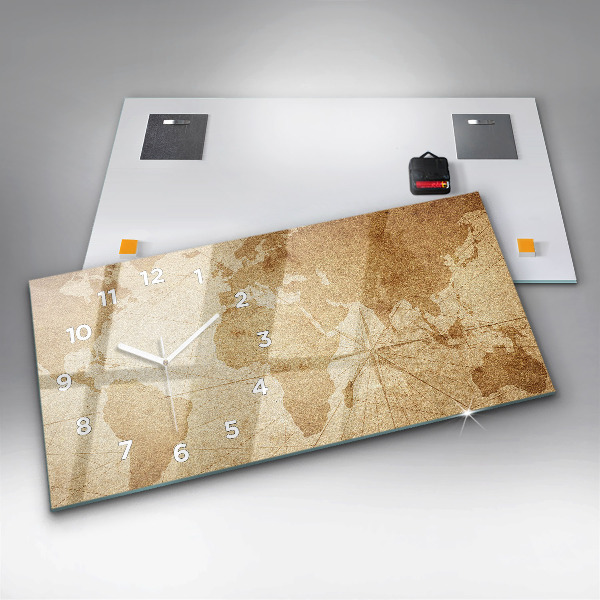 Horizontální skleněné hodiny na stěnu Vintage mapa světa