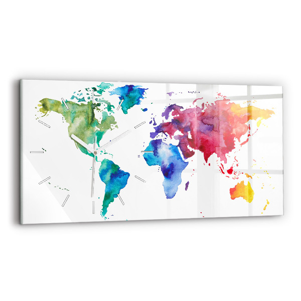 Horizontální skleněné hodiny na stěnu Akvarelová mapa světa