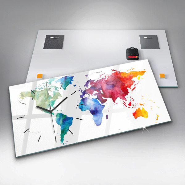 Horizontální skleněné hodiny na stěnu Akvarelová mapa světa
