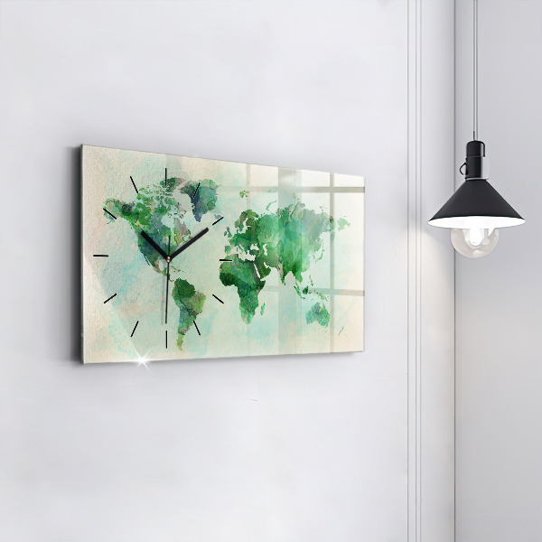 Horizontální skleněné hodiny na stěnu Akvarelová mapa světa
