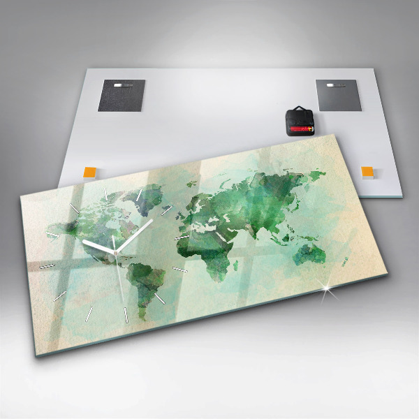 Horizontální skleněné hodiny na stěnu Akvarelová mapa světa