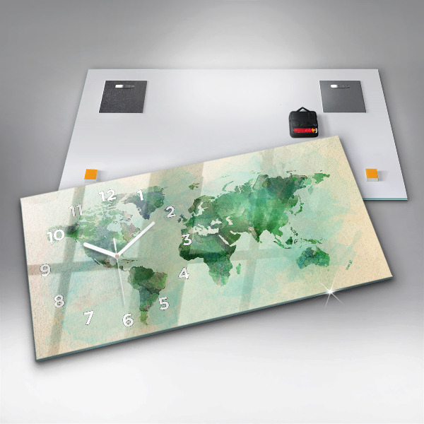 Horizontální skleněné hodiny na stěnu Akvarelová mapa světa