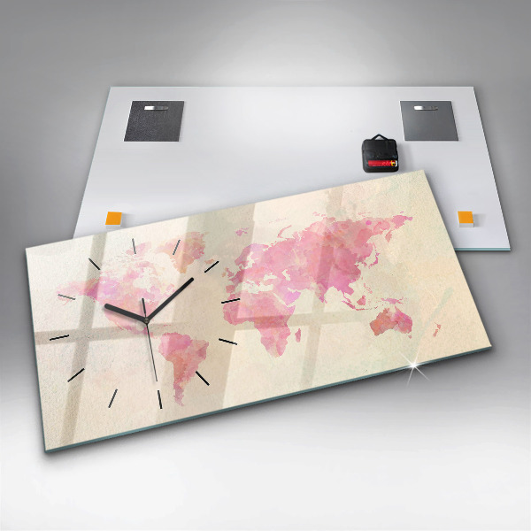 Horizontální skleněné hodiny na stěnu Akvarelová mapa světa