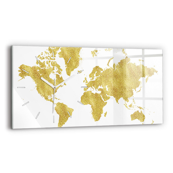 Horizontální skleněné hodiny na stěnu Zlatá mapa světa
