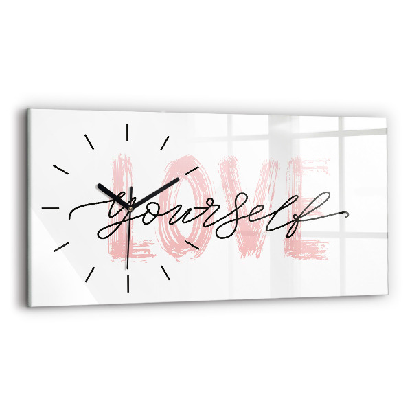 Horizontální skleněné hodiny na stěnu Nápis miluj sám sebe