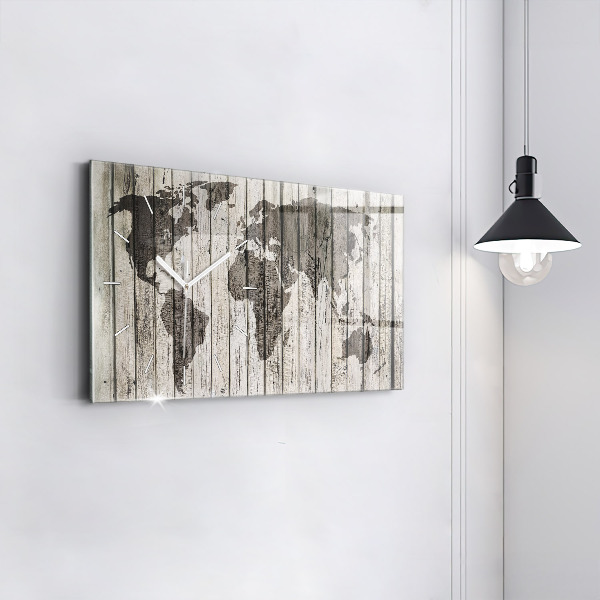 Horizontální skleněné hodiny na stěnu Mapa světa prkna