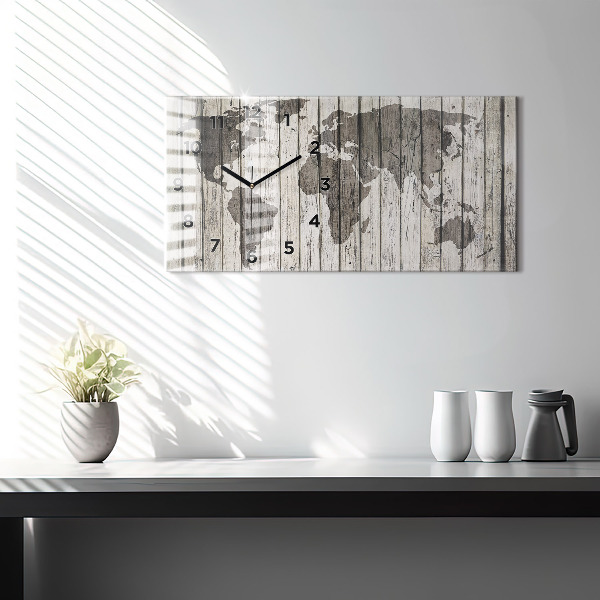 Horizontální skleněné hodiny na stěnu Mapa světa prkna