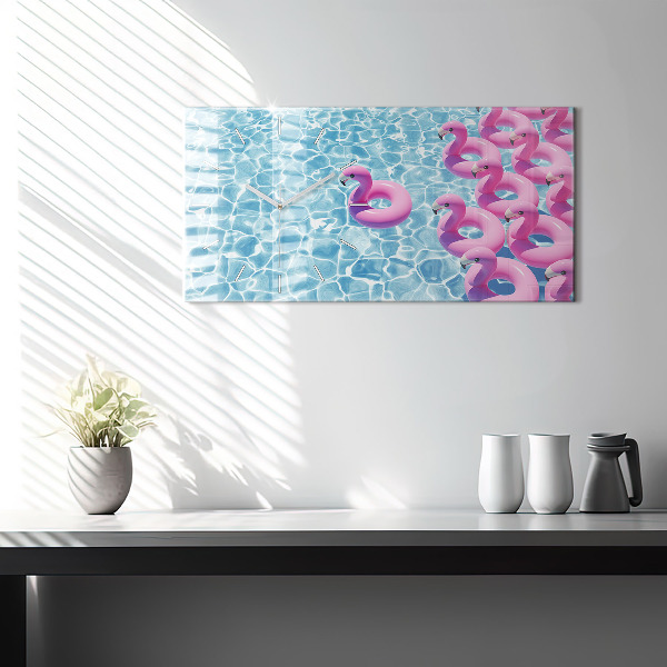 Horizontální skleněné hodiny na stěnu Nafukovací plameňáci