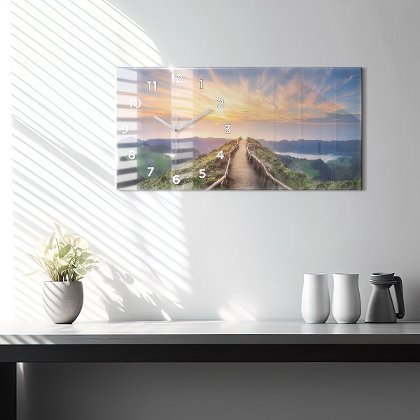 Horizontální hodiny na skle Horská krajina
