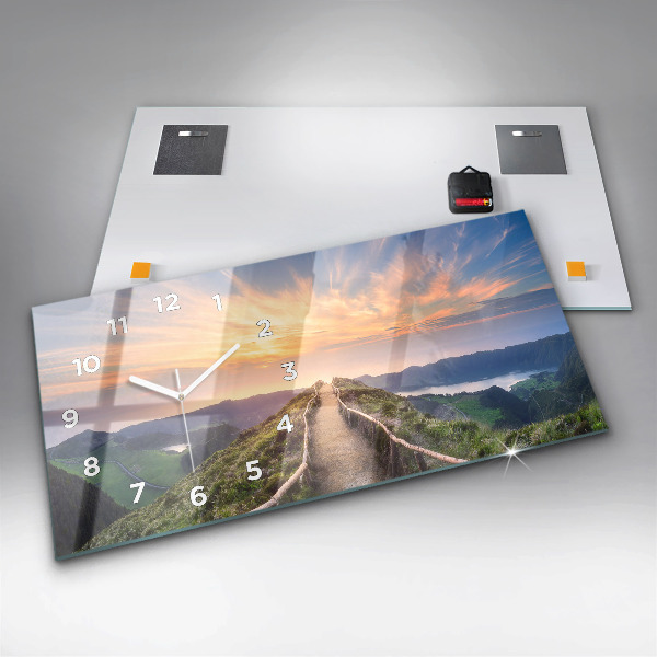Horizontální hodiny na skle Horská krajina