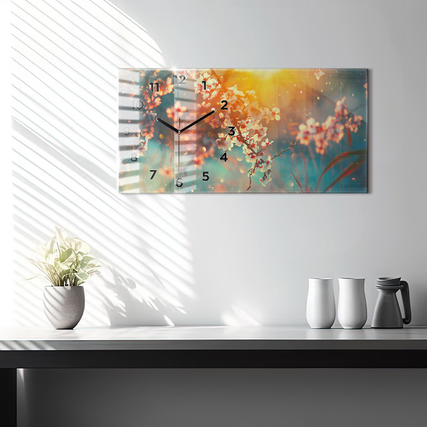Horizontální hodiny na skle Jarní květiny