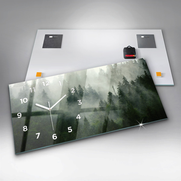 Horizontální hodiny na skle Mlžný les