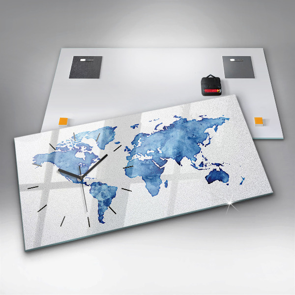 Horizontální hodiny na skle Akvarelová mapa světa