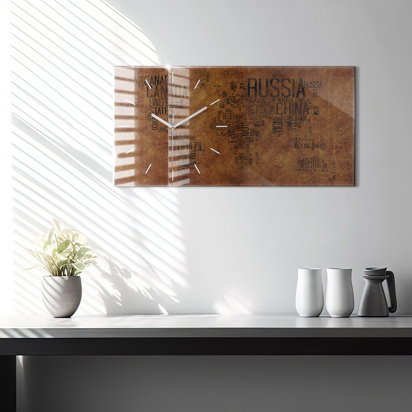 Horizontální hodiny na skle Mapa s názvy zemí