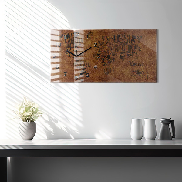 Horizontální hodiny na skle Mapa s názvy zemí