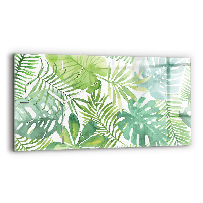 Horizontální hodiny na skle Zelené listy