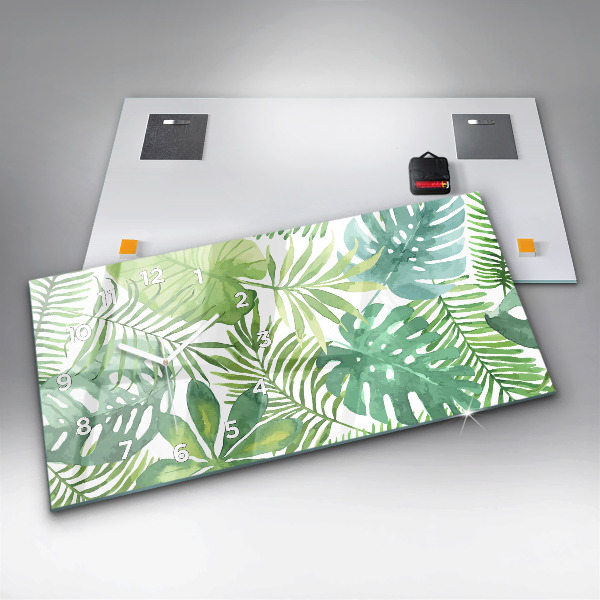 Horizontální hodiny na skle Zelené listy