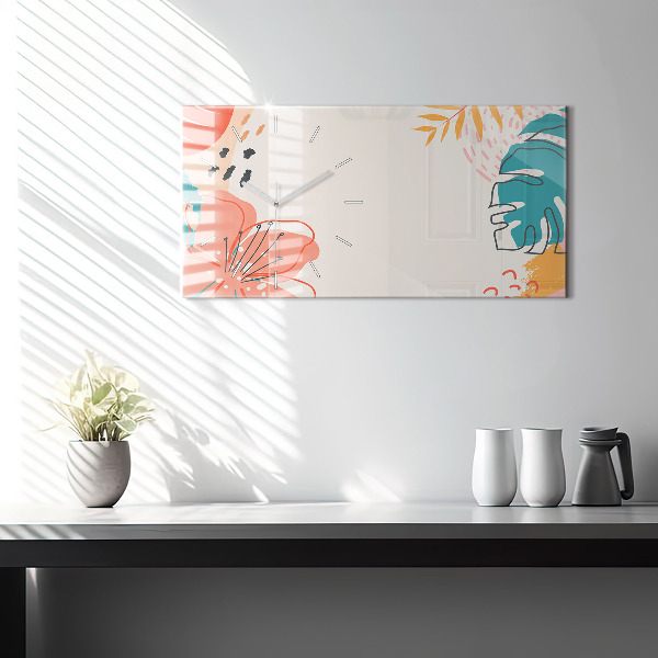 Horizontální skleněné hodiny na stěnu Havajské rostliny