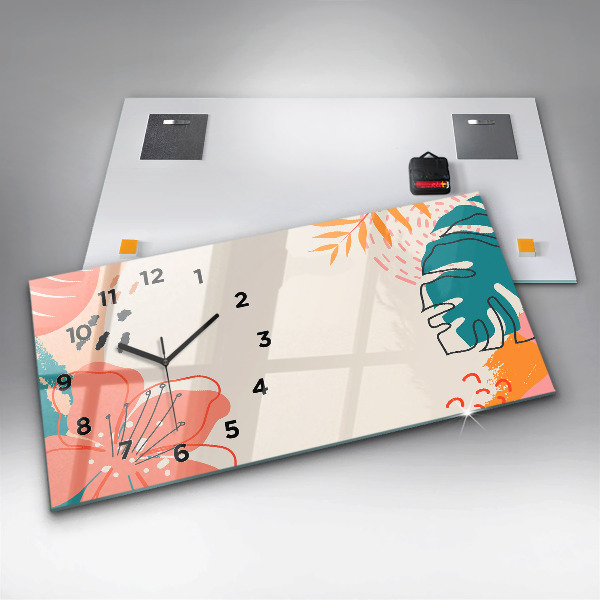 Horizontální skleněné hodiny na stěnu Havajské rostliny