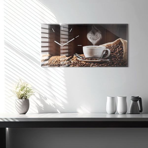 Horizontální skleněné hodiny na stěnu Šálek kávy
