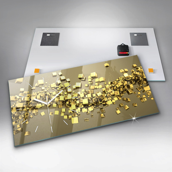 Horizontální skleněné hodiny na stěnu Zlaté čtverce