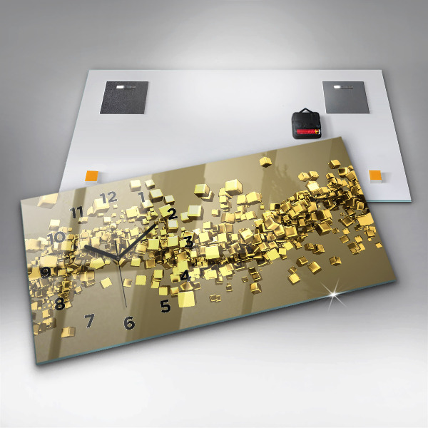 Horizontální skleněné hodiny na stěnu Zlaté čtverce