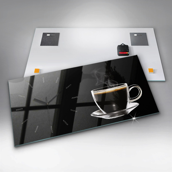 Horizontální skleněné hodiny na stěnu Černá káva